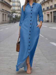Women's Street Style Seven-Quarter Sleeve Shirt Collar Button Front Woven Dress with Pockets, Solid Color Long Tube Dress, Casual Wear