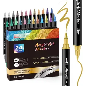 24 Color Dual Tip Metallic   Pens for Rock Painting, Metallic Marker Pens &  Marker for DlY Arts & Crafts, ,  Craft Supplies-Fine & Brush Tips for Multi-Surface Art