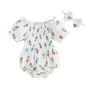 Baby Girl 4th of July Outfit Ice Cream Sleeveless Fourth of July Romper Newborn Independence Day Clothes