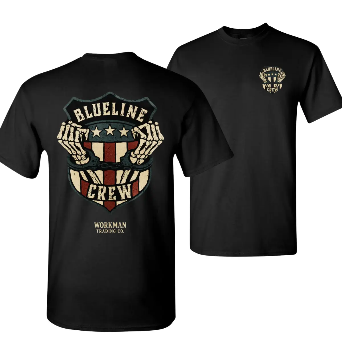 Blueline Crew Patriotic Skeleton Shirt, Workman Graphic Tee for Police Supporters and First Responders, Black Cotton for Men and Women