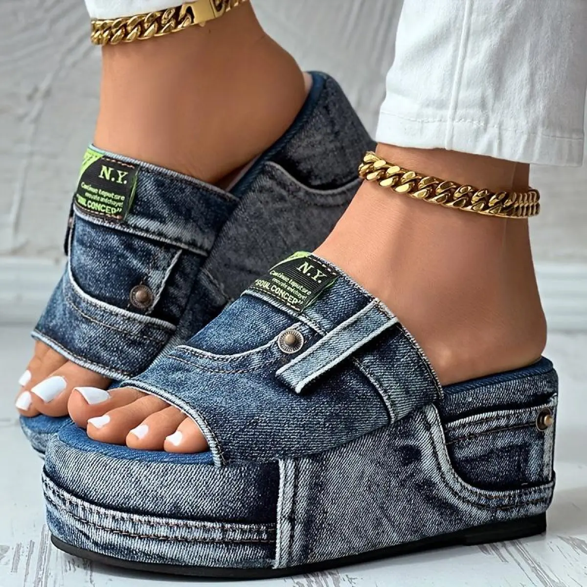 [Fashion Denim Sandals] Denim Platform Sandals - Fashion Open Round Toe Non Slip Slides, Outdoor Wedge Sandals for Women