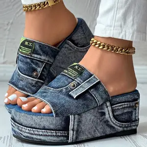 [Fashion Denim Sandals] Denim Platform Sandals - Fashion Open Round Toe Non Slip Slides, Outdoor Wedge Sandals for Women