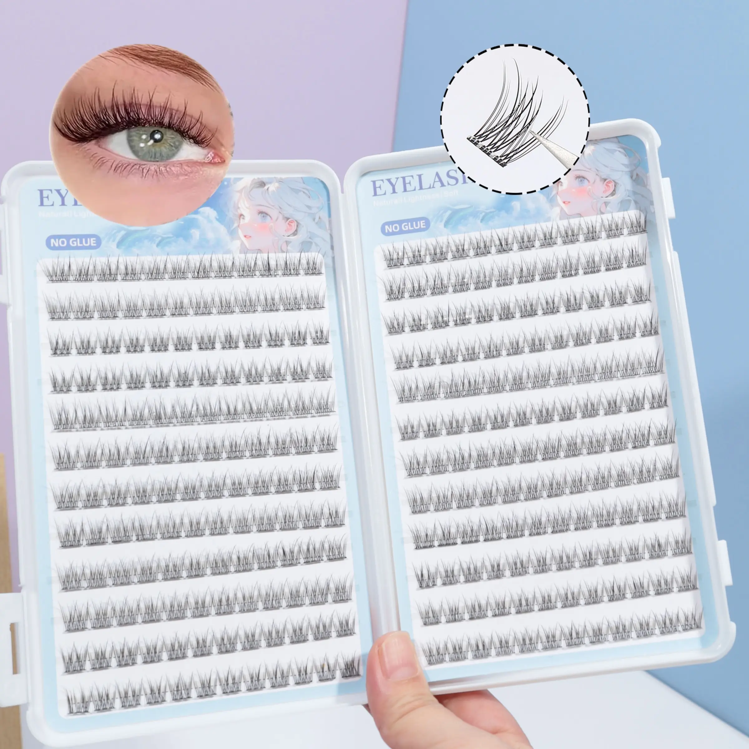 1 box of 288 cluster self-adhesive false eyelashes clusters set -, C curl, 12mm fish tail design, natural cross style, glue free false eyelashes, Diy Eyelash Extensions, Diy Volume Eyelashes