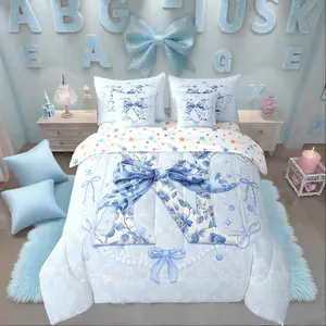 7Pcs Teen Girl Coquette Bow Bedding Set,Fantasy Blue Initial Bow Quilt N Comforter Set with Sheets with Chic Floral Design Girly Rose Flower Bowknot Bed in A Bag(N)