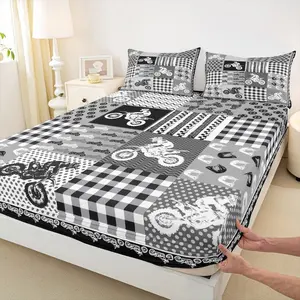 Dirt Bike Bedding Set,Motocross Racer Bed Set for Teens Bedroom Decor Kids White and Gray Grid Fitted Sheet Soft Microfiber Stripes Square Bed Cover(1 Fitted Sheet )