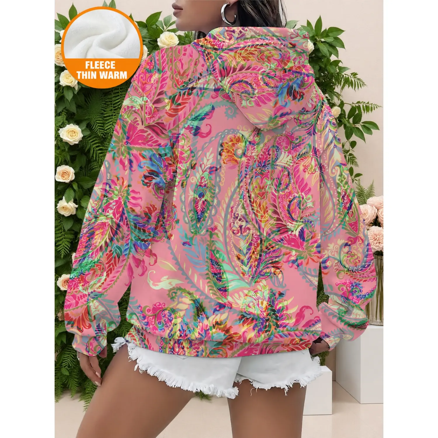 Women's Bohemian Style Full-Print Hooded Sweatshirt with Vibrant Colorful Paisley Pattern – Versatile Casual Top for Autumn & Winter Outings