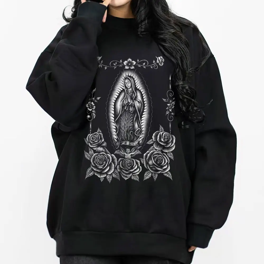 Virgen Guadalupe Flowers Chicano Clothing Mexican Clothes Lowrider Clothes Oversized Graphic Tee Medium Heavy Sweatshirt Hoodie for Men & Women Unisex Casual Fit Loose Fit