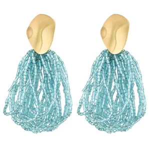 OIDEA Bohemian Crystal Tassel Drop Earrings for Women, Brass Faux Crystal Bead Fringe Dangle Earrings, Boho Ethnic Style Jewelry
