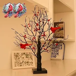LED Vintage Glowing Tree with Cardinals, 21in Red Bird Tree Fairy LED Light, Birch Bonsai Twinkle Trees Lamp with Lighted Branches for Halloween, Christmas with Red Berries Birds Table Ornament