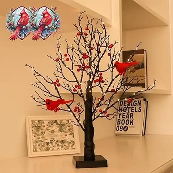 LED Vintage Glowing Tree with Cardinals, 21in Red Bird Tree Fairy LED Light, Birch Bonsai Twinkle Trees Lamp with Lighted Branches for Halloween, Christmas with Red Berries Birds Table Ornament