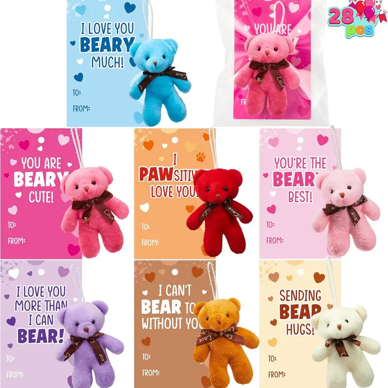 JOYIN 28pcs/24pcs Valentine's Day Gift Cards with Mini Bears Plush Toy Party Favors, Mini Stuffed Animal Plush Toys for Valentines Day Gifts, Kids Classroom School Exchange Prize bingo Bear with Bags and Cards
