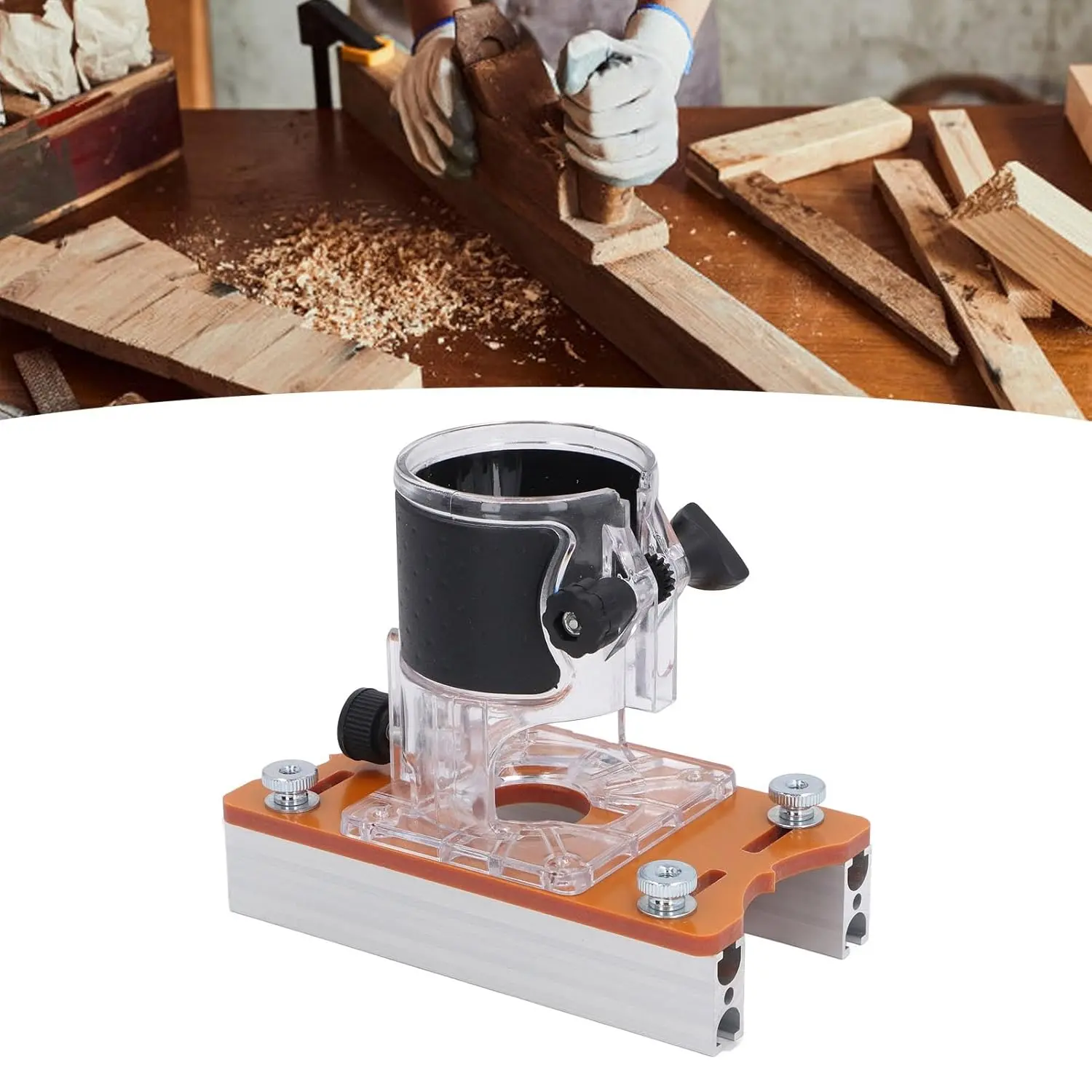 2-in-1 Wood Trimmer Router Base Aluminum Alloy Grooving Jig, Adjustable 0-5cm Thickness Woodworking Guide for Slotting, Edge Trimming, Chamfer, Curve Cutting Fits 63.5-65mm Palm Router