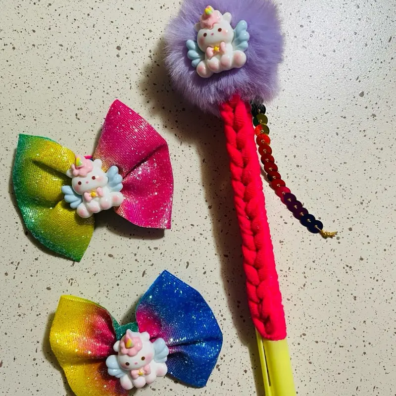 Rainbow Unicornio Bow Hair Accessories Set with Ballpoint Pen Rainbow Colorful Glitter Bows and Colorful Beaded Pen