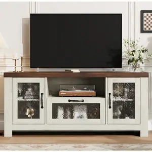 Garvee Farmhouse Entertainment Center for 65 Inch Screens with Acrylic Door, Adjustable Shelves, and Sideboard Buffet Storage Cabinet in White and Brown for Living Room or Bedroom