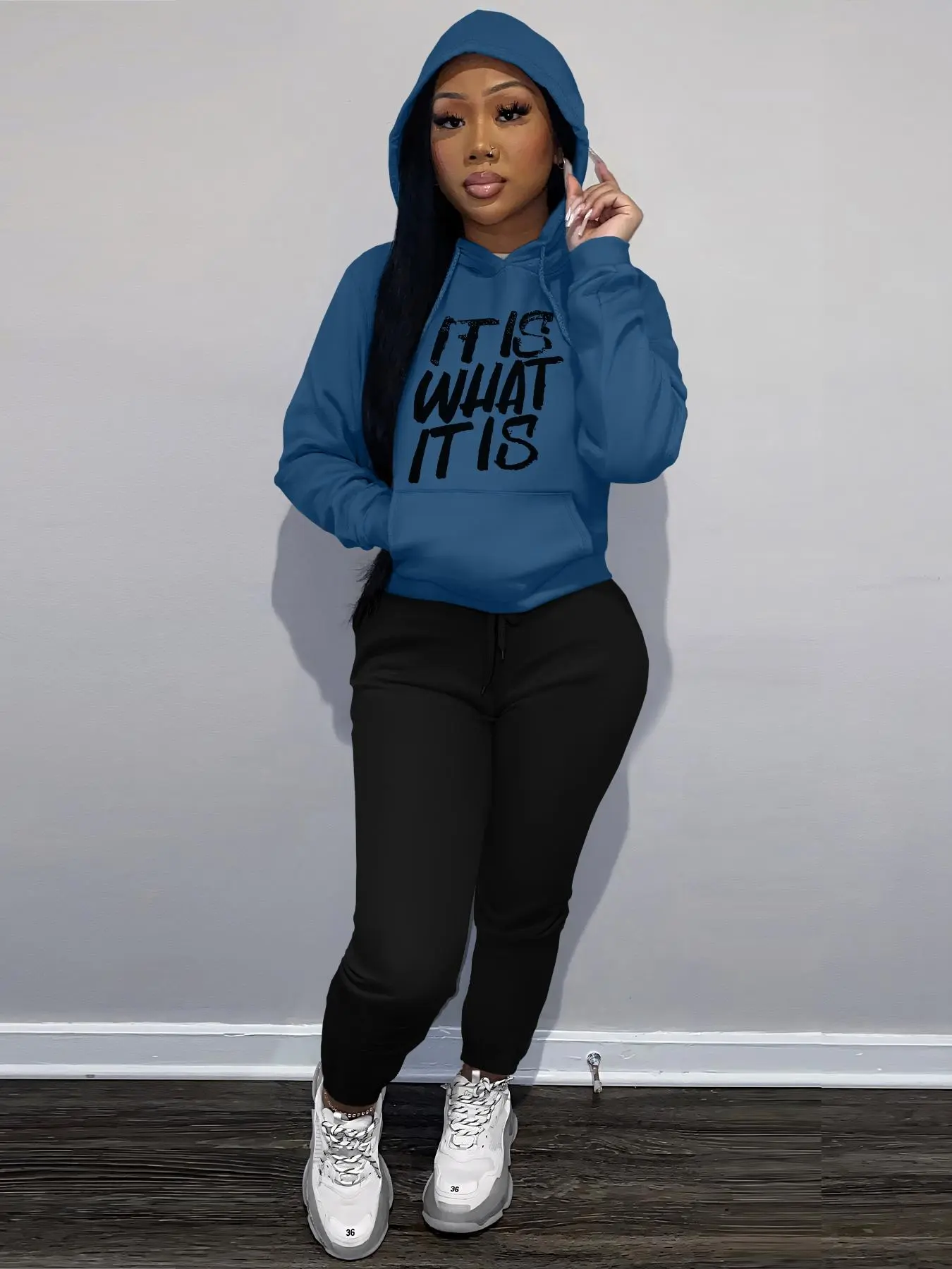 Women's Letter Print Drop Shoulder Pocket Long Sleeve Hoodie & Drawstring Waist Pants Two-piece Set, Casual Style Set, Casual Cozy Breathable for Daily Outdoor Wear, Casual Loungewear Set, Women Clothes for Fall & Winter