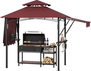 Grill Gazebo, 2-Tier BBQ Gazebo with Adjustable Dual Side Awnings, Steel Frame Grill Shelter BBQ Canopy with 2 Handy Shelves, Hooks, 4 LED Lights & Ceiling Hook for Backyard Patio