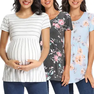 Women's Maternity Shirts 3 Pack Short Sleeve Side Ruched Stretchy Round   Tops