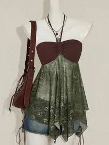 Glamine  Y2k Women's Western Boho Babydoll Country Brown And Green Vacation Cashew Paisley Print Drawstring Halter Neck Camisole