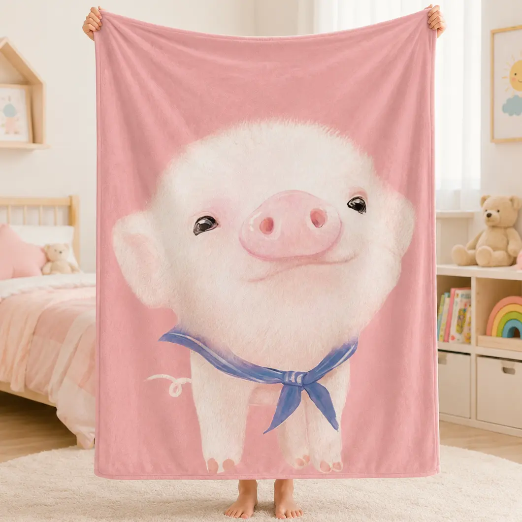 Cute Pink Pig Flannel Blanket – Soft Plush Fleece Throw Blanket with Adorable Piglet Design, Cozy Air Conditioning Blanket for Kids, Girls & Animal Lovers, Couch Bed Travel Blanket, Birthday Gift