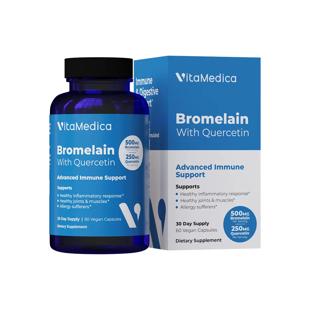 Bromelain with Quercetin Bottle - 60 Count Vegan Capsules  - Natural Immune Supplement Dairy Free Edible Healthcare