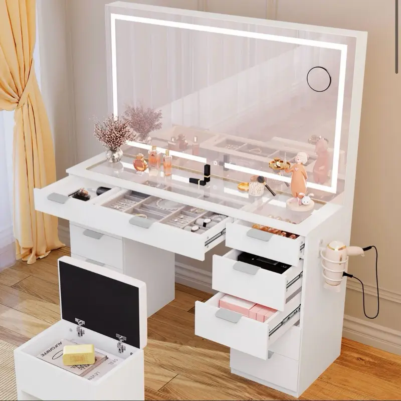 Vanity Set Led Lighted with Sliding Mirror Makeup Dressing Table 11 Drawer