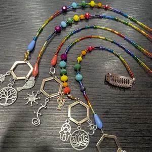Rainbow Hand Beaded Dangling Hair Jewelry with Optional Interchangeable Pendants Featuring Colorful Beads and Various Charms