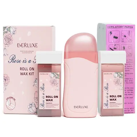 Roll On Wax Kit, Home Waxing Set for Body Care - Rose Depilatory Roller, Heater, Depilatory Strips, Skin-Safe for All Skin Types, Men’s Larger Areas & Bikini Hair Removal