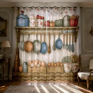 Rural Style Kitchenware Print Patterned Light Filtering Curtains, for Living Room & Dining Room Grommet Window Treatments Drapes Privacy Assured-2 Panels ﻿