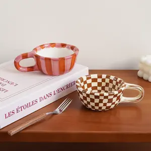 Rose Striped Ceramic Mug, Simple Irregular Heart Design, Stripe Ceramic Coffee Cup, Reusable Coffee Drinkware, Elegant High Aesthetic, Home Daily Use, Gift Idea