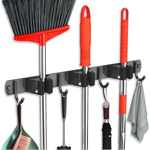 Broom Holder Wall Mount, Broom Hanger Wall Mount, Stainless Steel Broom Organizer for Closet Garage Laundry Room Kitchen Wall 4Hooks Black