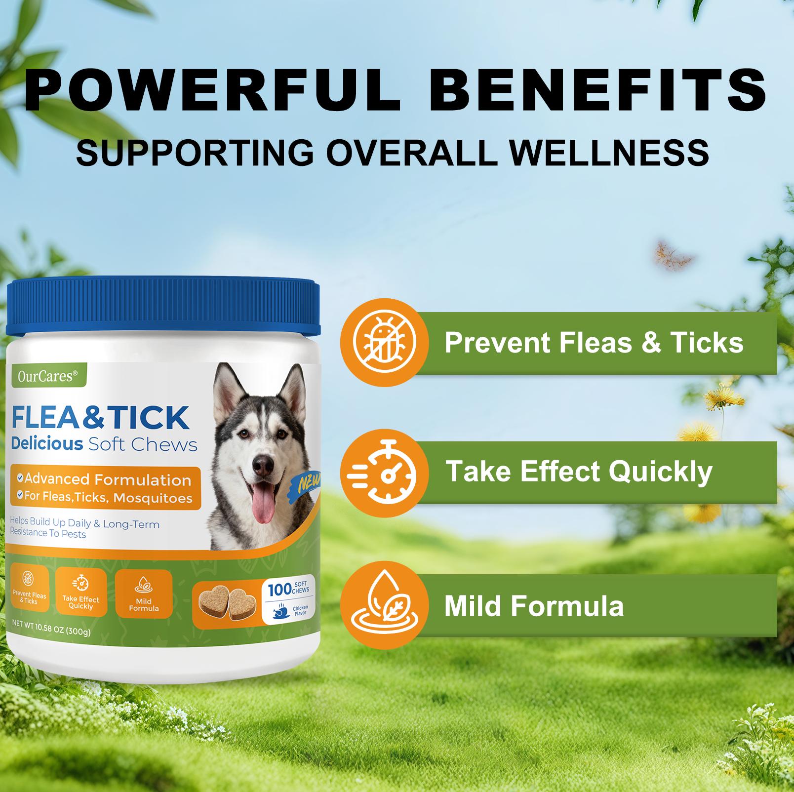 OurCares Generation 2 Insect Bites Prevention for Dogs - 100 Soft Chews Natural Oral Supplement for All Dogs Supports Healthy Skin & Coat Chicken Flavor Pet Daily Chewable