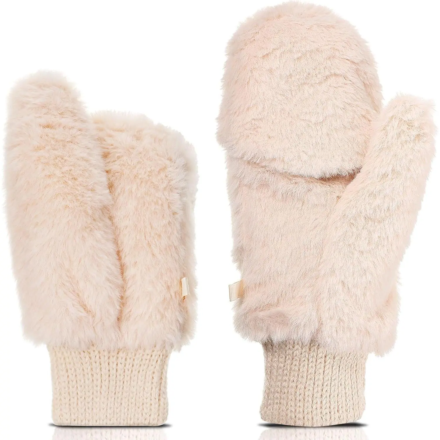 Women's Convertible Faux Fur Fingerless Gloves - Everyday Winter Warm, Soft, Fluffy Fashion Accessories, Plain, Durable, Black, Dark Gray, Brown