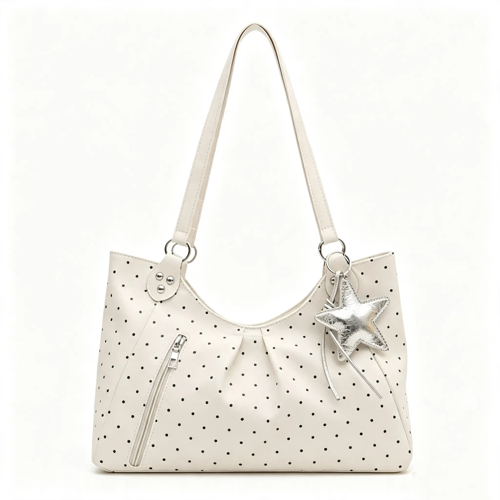 Women’s Large Capacity Polka Dot Pleated Fabric Shoulder Tote Bag with Star Pendant - Soft Underarm Carry Bag for Leisure, Commuting