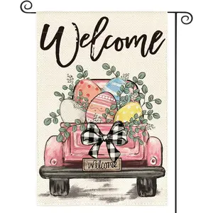 Welcome Easter Eggs Truck Garden Flag 12x18 Inch Double Sided, Rustic Farmhouse Yard Outdoor Decoration, Linen Material, No Flagpole