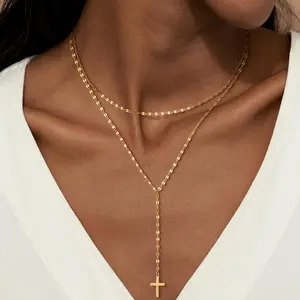 Tewiky Lariat Lip Chain Necklace&Earringsfor Women, Dainty Long Necklace Y-Shaped Cross Pendant Necklace Trendy Layered Cz Beaded Chain Drop Necklaces Simple Jewelry Set For Easter