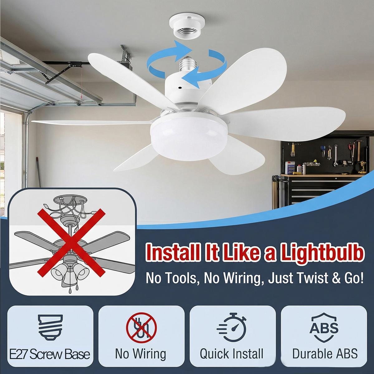 Portable E27 Fan Light with Remote – 12W Quiet Fan + 18W 3-Color LED, Screw-in Ceiling Light for Bedroom, Kitchen #CeilingFan