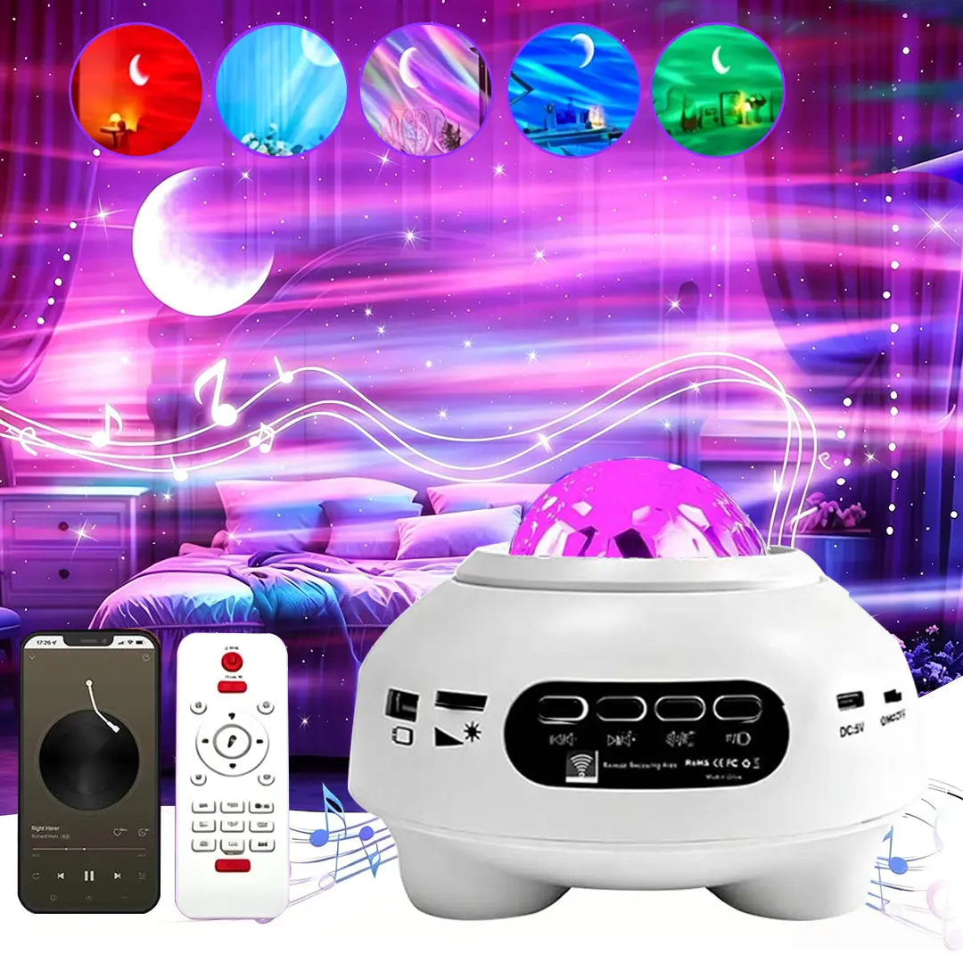 White Mini Starry Sky Projector Speaker - 48 Lighting Effects, Smart Bluetooth Audio, Dimmable, Timer, Remote App & Voice Control, Light Sync, Indoor Space-Themed Night Light, Universal Birthday Gift for Bedroom Ceiling, Home Theater