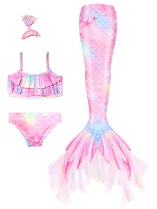 Girls Mermaid Swimsuit Set, Three-Piece Mermaid Tail Princess Swimwear, Side Zipper Bikini, Includes Hair Clip, Swimwear Sets
