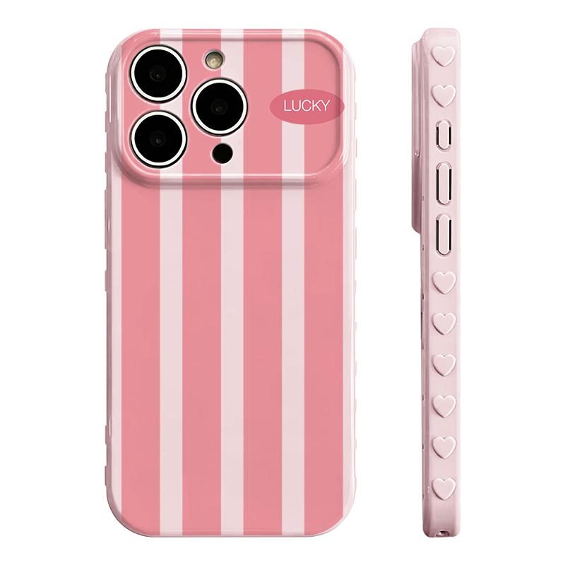 Color Block Stripe Lucky Slogan Phone Case - Premium Glossy Soft TPU-PC Composite Protective Cellphone Casing, Fingerprint Proof Soft Cover with Silky Non-Slip Skin-Friendly Surface, Side Embossed Heart Phone Decoration