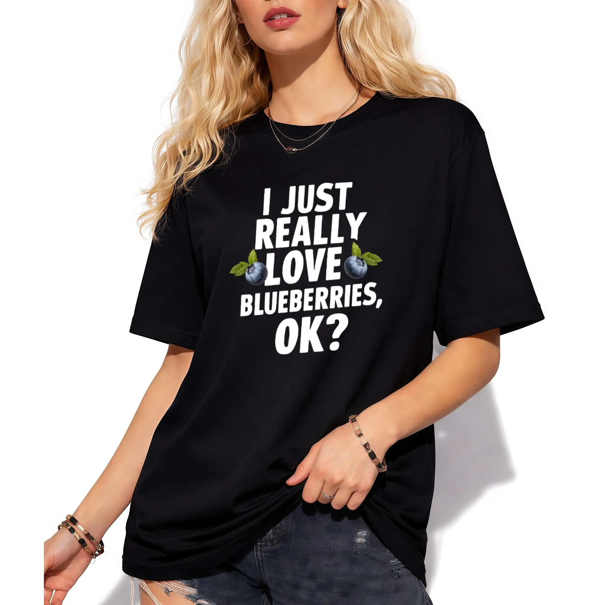 Women's Vintage Blueberry Graphic T-Shirt - "I Just Really Love Blueberries, OK?" Slogan & Berry Print - Soft Casual Short Sleeve Tee - Funny Foodie Apparel for Blueberry Lovers