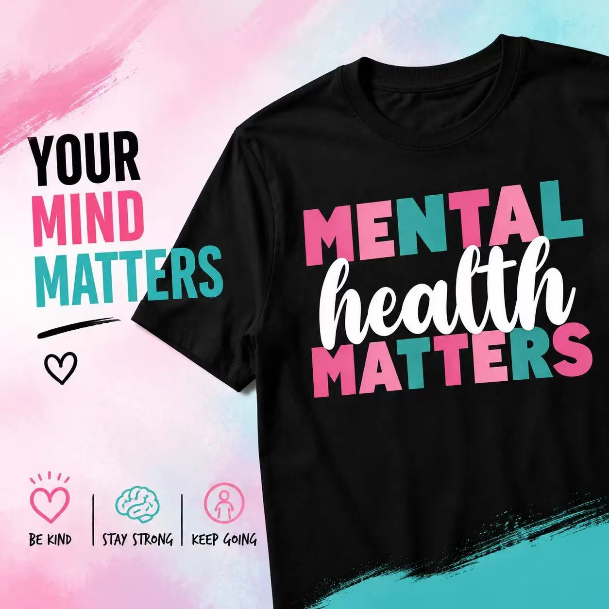 solid color short sleeve，Mental Health Matters Colorful Letter T-Shirt, Positive Inspirational Graphic Unisex Crew Neck Short Sleeve Tee For Mental Wellness Awareness