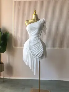 QFAF Elegant Women's Ruffle Bow One-Shoulder Irregular Mid-Length Mini A-Line Dress, Fashion Party Gown, 2026 Birthday Dress, Ruffled