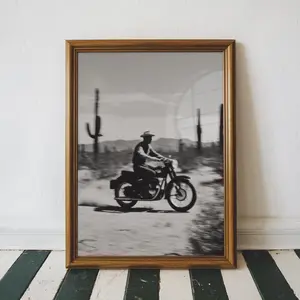 Vintage Cowboy Motorcycle Desert Poster Art, Retro Black and White Western Motorbike Wall Art, Sports Art Print, Printable Digital Download Artwork