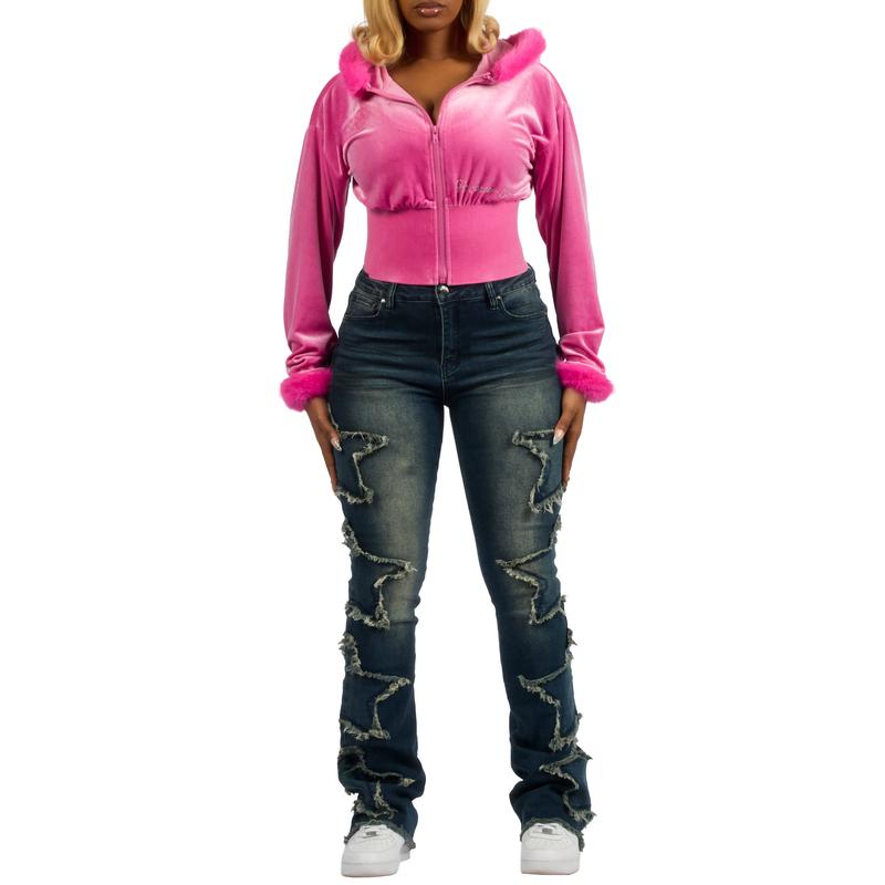 Shanika Pink Velour Crop Hoodie With Fur Hood