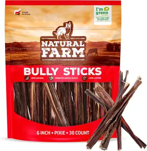 Natural Farm 6 Inch Pixie Bully Sticks - Lighter Thinner Chews for Puppies Small Breeds Senior Dogs - Natural Beef Flavor - 30 Count