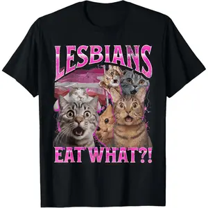 100% Cotton Lesbians Eat What?! Funny Cat Gay Pride LGBTQ Pun T-Shirt