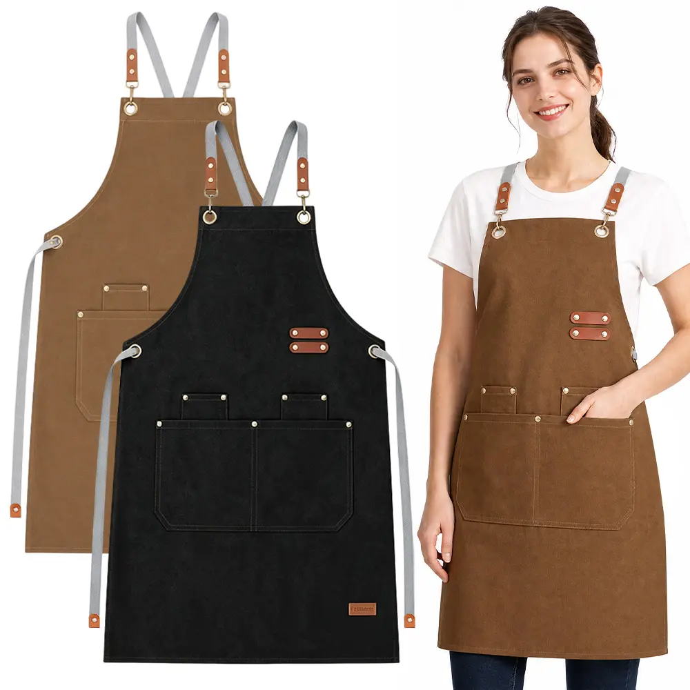 2Pcs Cross-Back Chef Aprons for Men Women with Pockets,Cotton Canvas Adjustable Cooking Work Apron for Kitchen (Black/Brown) - Home Improvement.