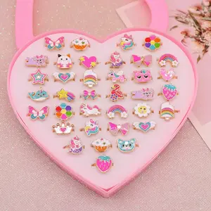 12pcs or 36pcs per Set Cute Heart-Shaped Zinc Alloy Rings for Girls, , Perfect for Parties, Birthdays, Holiday Gifts, Kids Jewelry Accessories