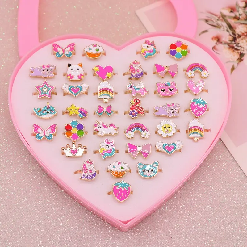 12pcs or 36pcs per Set Cute Heart-Shaped Zinc Alloy Rings for Girls, , Perfect for Parties, Birthdays, Holiday Gifts, Kids Jewelry Accessories, Stacking Ring Set