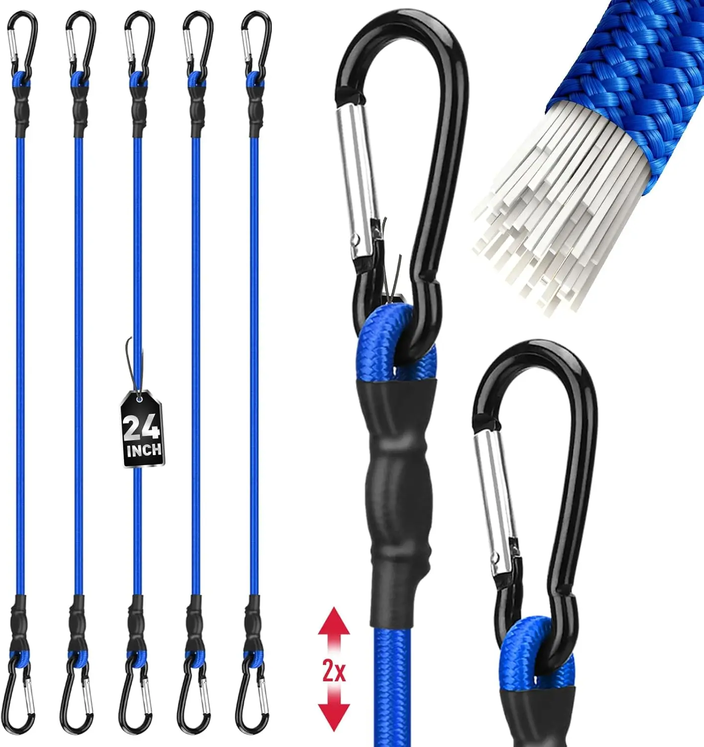 5-Piece 24 Inch Bungee Cords with Carabiner Hooks, Heavy Duty Rubber Elastic Tie Down Straps, Bungee Cord with Carabiner Clips for Cargo, Truck Bed, Camping, Motorcycle and Outdoor Use (Blue)